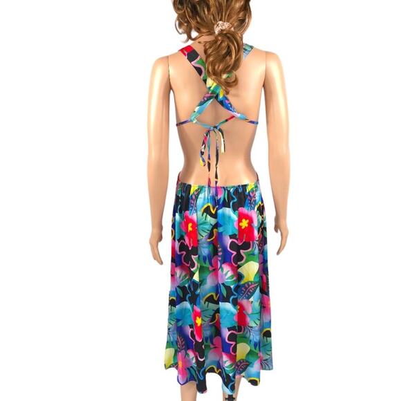 For Love & Lemons Midi Dress Silk Blend Floral Cut Out Colorful Retro Tropical - Picture 6 of 14